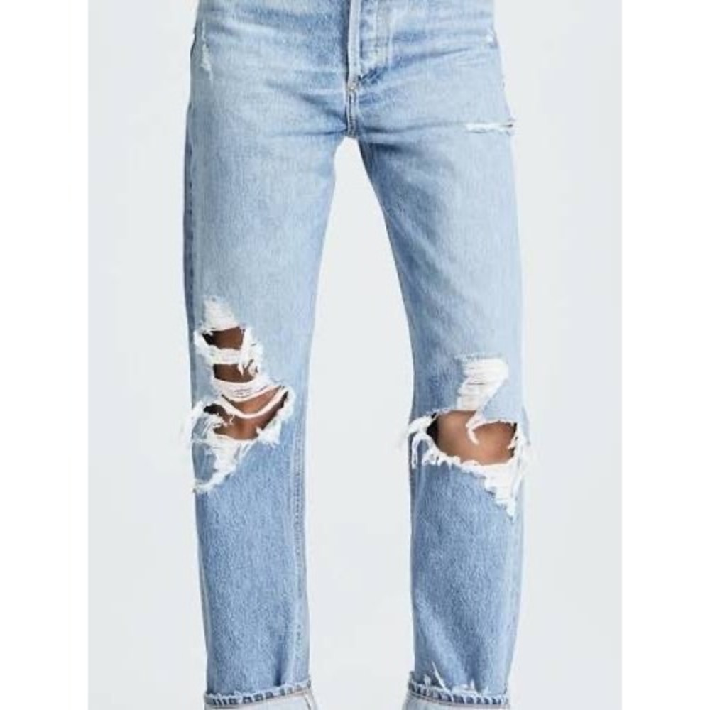 AGOLDE 90s Crop Mid Rise Loose Fit Distressed Raw Hem Jeans Light Wash Denim